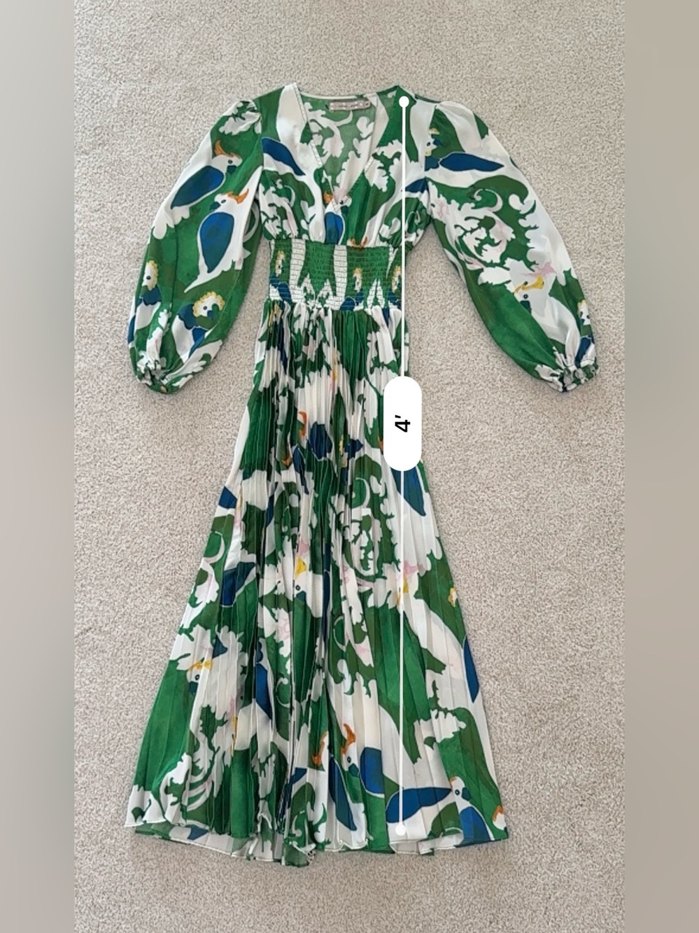 Traffic People Green, White & Blue V-Neck Long Sleeve Floral Pleated Dress - Picture 8 of 14